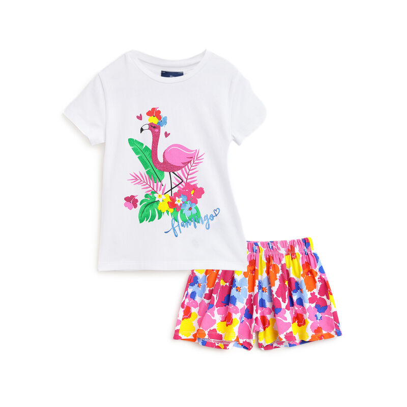 Girls White Printed Outfit with Short Pants image number 0